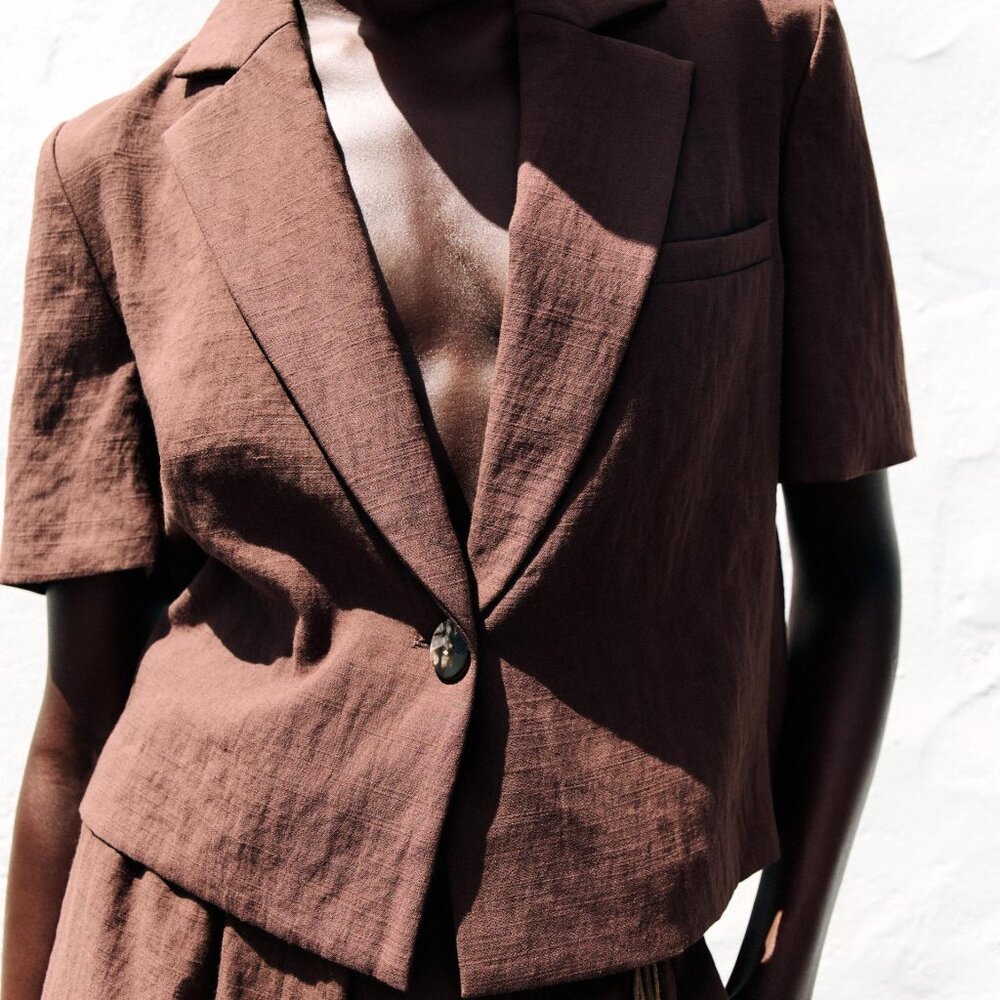 Zara CROPPED SHORT SLEEVE BLAZER, brown, XS